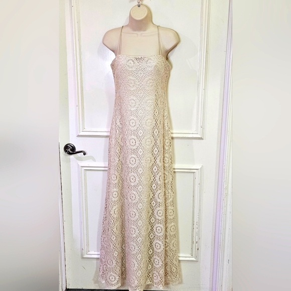 JS Collections Cream w/Gold Fleck Sparkle Sleeveless Crochet Maxi Dress,Size 8 - Picture 5 of 16